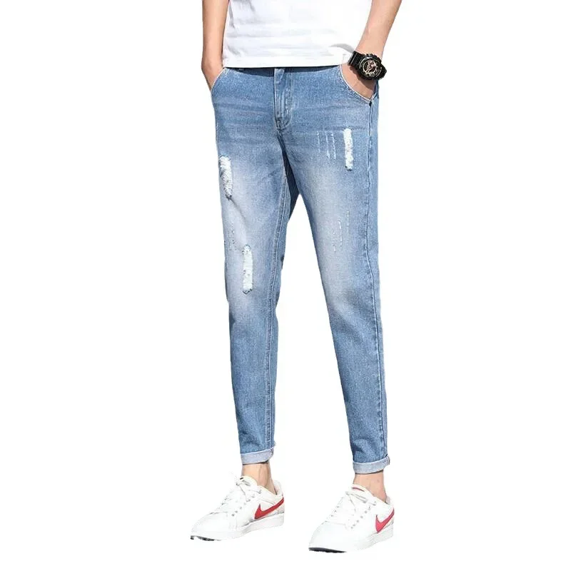 Trendy Men's Jeans Ripped Nine-point Length Casual Loose Fit Slimming Effective Branded Mid-tone Straight Leg Denim Trousers men jeans ripped jeans