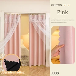 Elegant Double Layer Lace Blackout Curtains for Living Room and Bedroom (S1 Pink one panel)