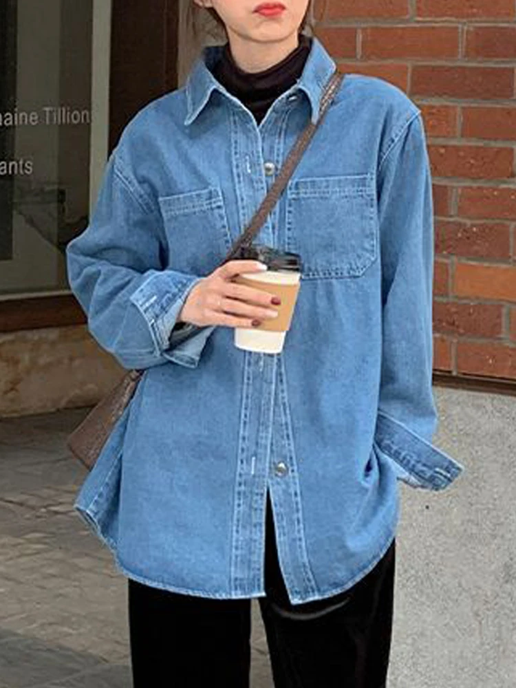 

Джинсовые женские рубашки, винтажная модная однобортная блузка, Топ с длинным рукавом, дамские весенние свободные блузки, женские блузы