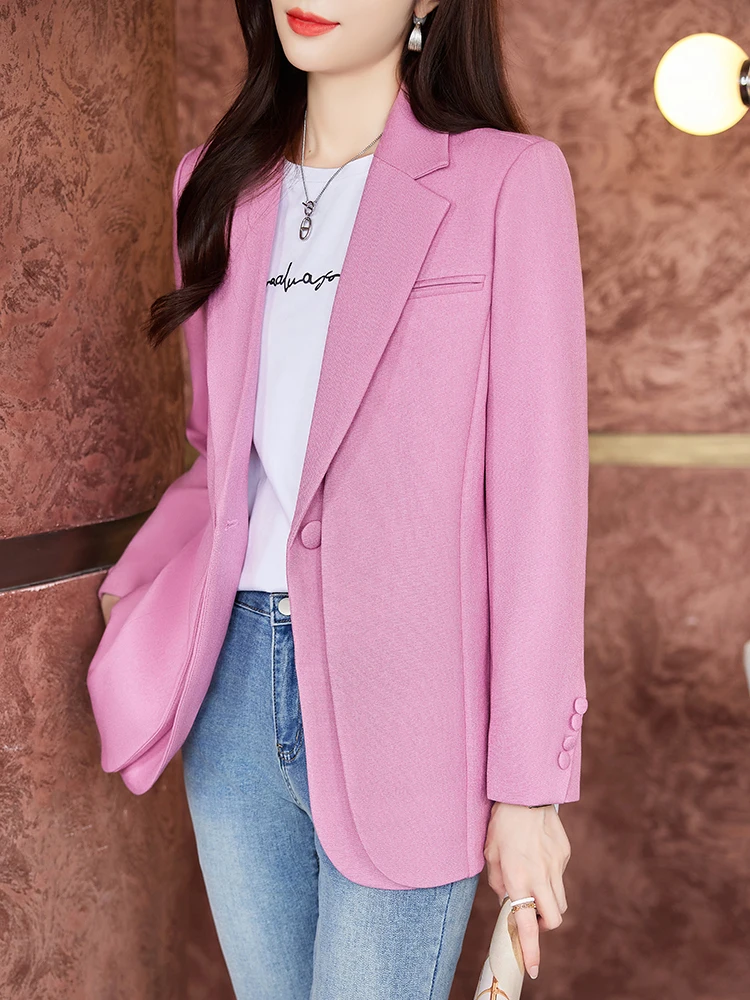 QoerliN S-3XL Elegant Black Blazer Long Sleeve Office Jacket Coat Long Sleeve Spring Fall Back Split One Button Pink Suits