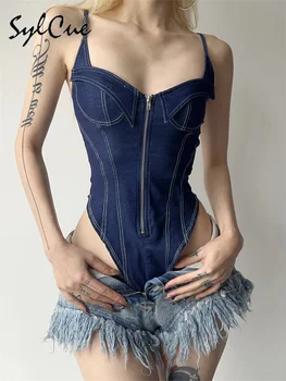 Sylcue 2023 Summer New Classic Retro Cool All-Match High Street Sexy Mature Charm Hot Women'S Zipper Jumpsuit Bodysuit 2
