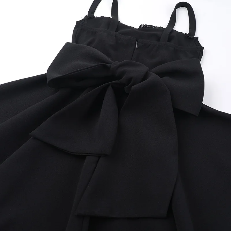 Bows Spaghetti Strap Dress For Women Plunge Sexy Bodycon Mini Dress Zipper A-Line Backless Folds Party Dress High Waist