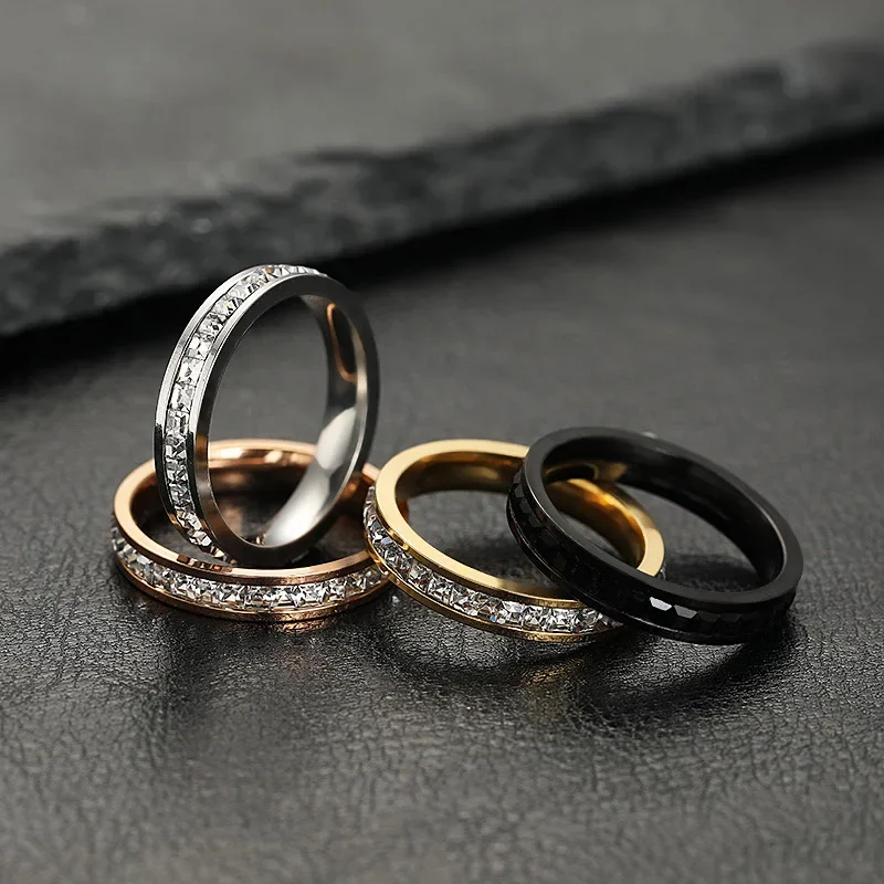 Fashion Jewelry New Single Double Row Starry Sky Square Zircon Crystal from Austrian Titanium Steel Couple Ring 4