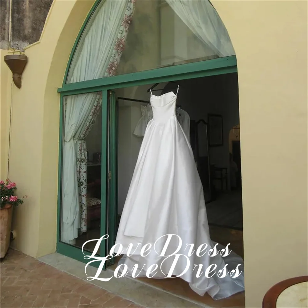 Customized Simple Stain Strapless Pleats A-Line High Side Slit Wedding Dress Pastoral Sleeveless Boat Neck Backless Lace Up 2025 4