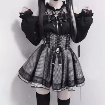 Japanese Style Gothic Y2k Lolita Skirt Set Women Lace Off Shoulder Bow Blouse Grid High Waist Skirts JK Uniform Suit Theme Party 1