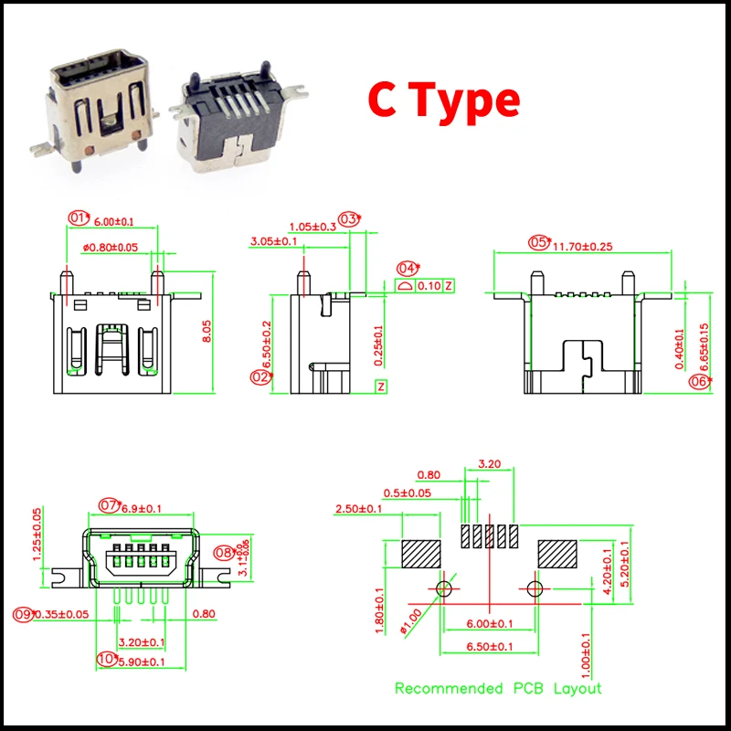 mergulho 5 Pinos Tipo B Conector Feminino