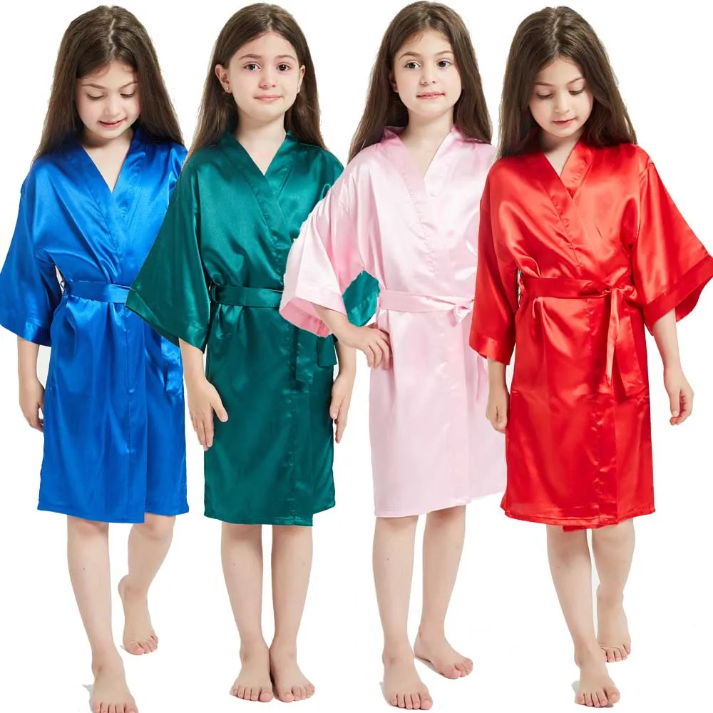 Satin Silk Robe for Girls Kids Night Robe Solid Color Kimono Robes Champagne Bridesmaid Teenager Girl Sleep Wear Summer Clothing