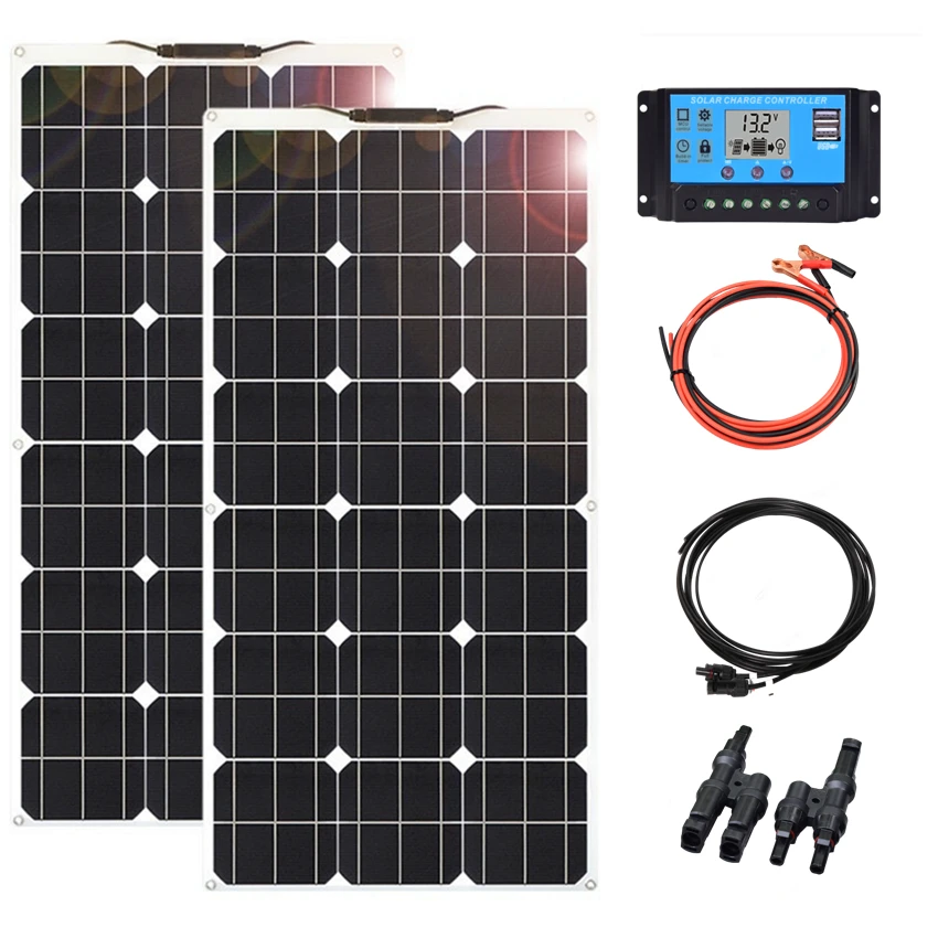 200W Flexible Solar Panel Kit 12V 24V 20A Charge Controller Extension Cable for gel / lithium / Lead acid battery RV Car Boat solar panel kit solar controller