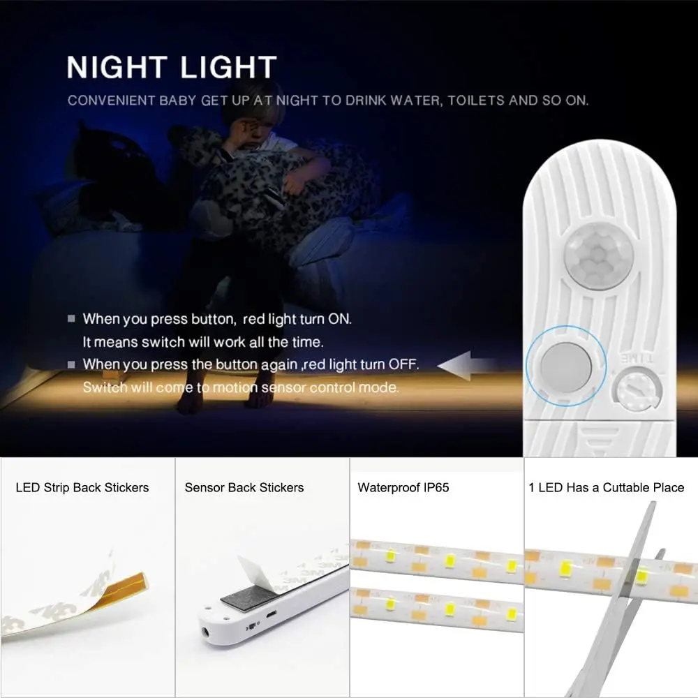 5M Battery Led Strip with PIR Motion Sensor Induction Night Light Tape Under Cabinet Light for Room Wardrobe Indoor Lighting 4