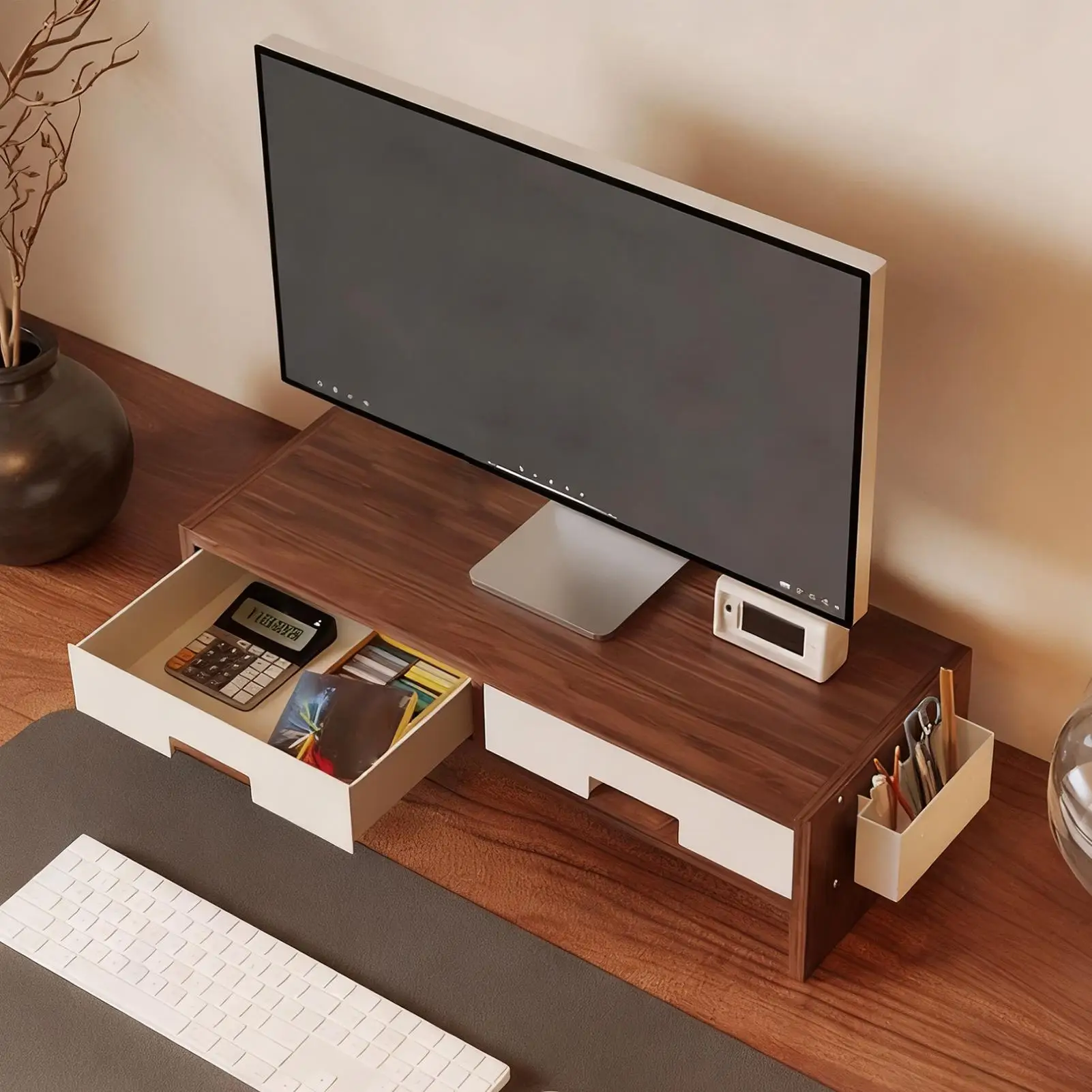 Supporto per monitor da scrivania Riser Doppio cassetto Organizzatore ergonomico Riser per monitor da scrivania per computer per amici di famiglia Uffici domestici per interni - immagine 3