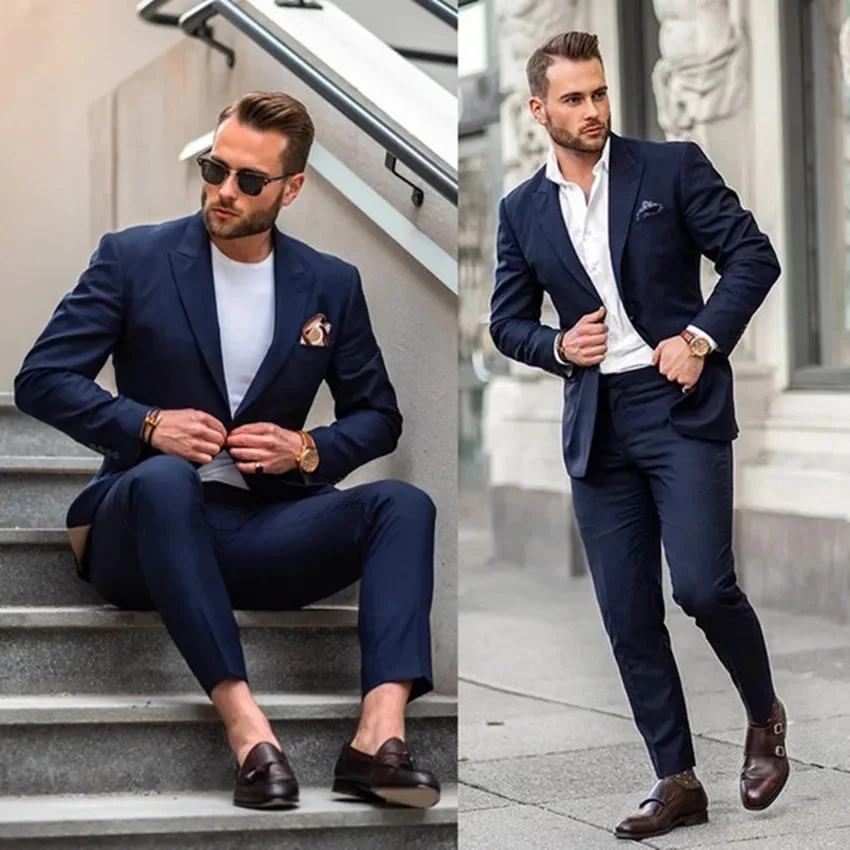 

2024 Men Suits Navy Blue Casual Wedding 2 Pieces(Jacket+Pant) One Button Suit Men Wedding Suit traje de novio para boda