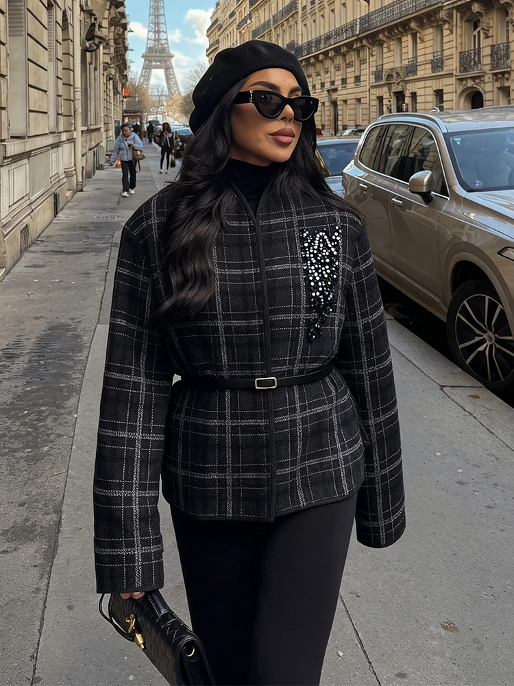 Women Check Knitted Jacket 2025 Autumn Winter Women's Coat Long Sleeve With Belt Jackets Female Streetwear Casual New Outerwear