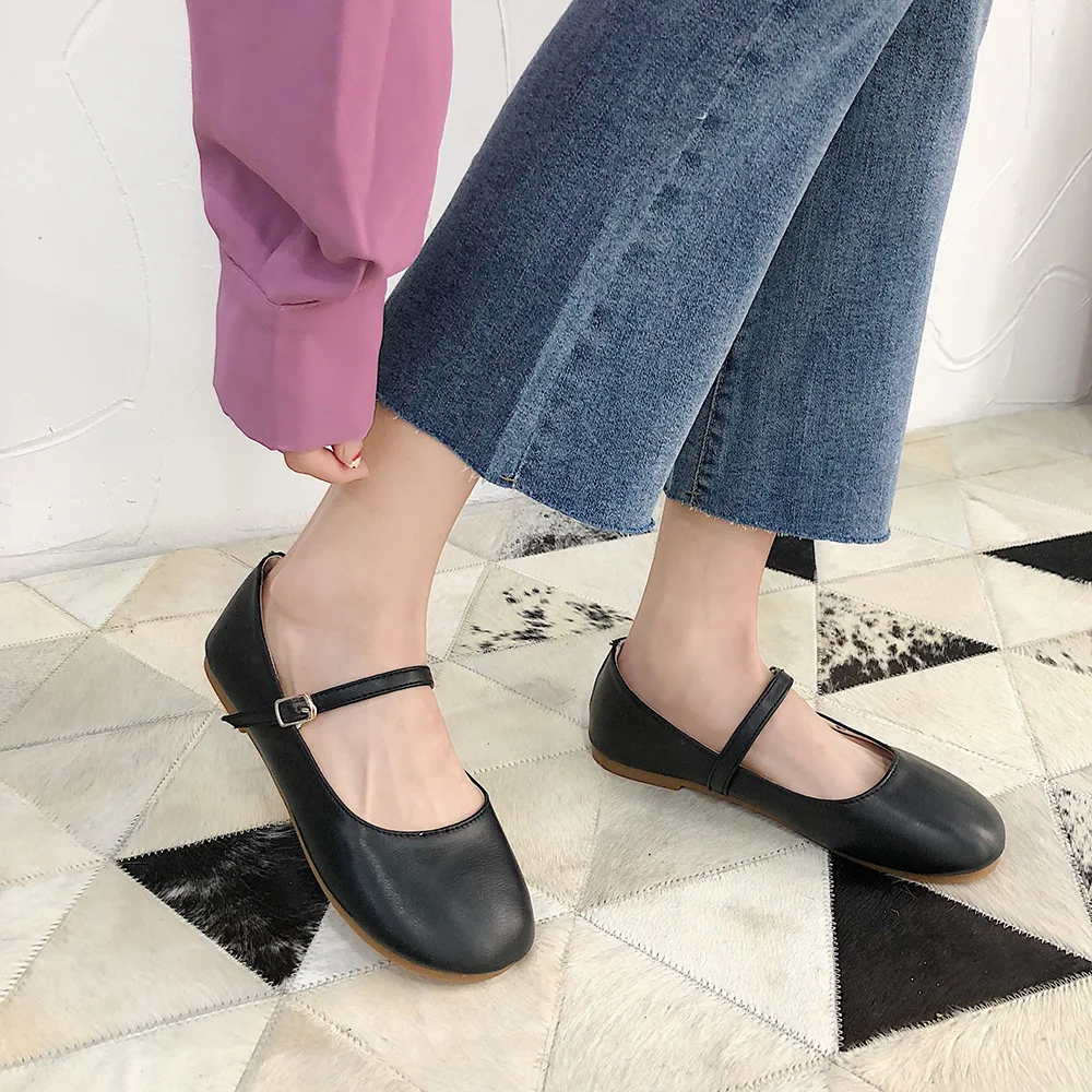 Retro PU leather mary janes flats pumps Women belt buckle strap