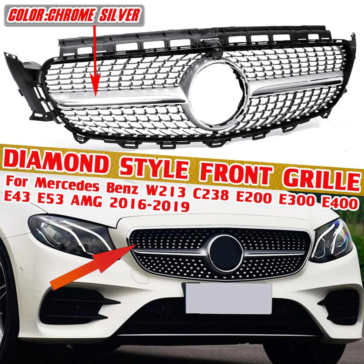 

New W213 Grill Car Front Bumper Diamond Grill Grills For Mercedes For Benz W213 E200 E300 E400 E43 For AMG 2016-2018