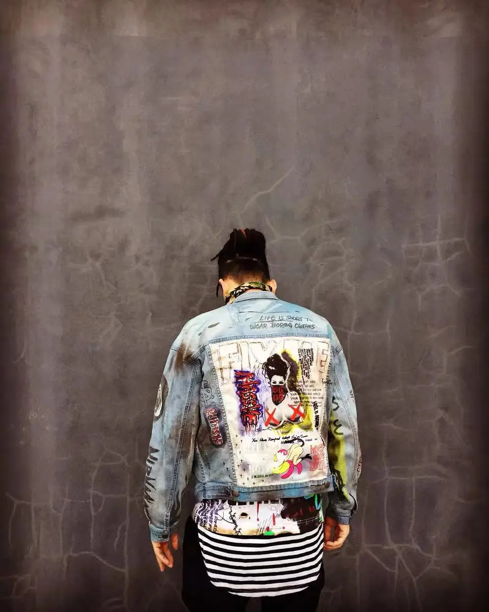 

New Stylemen's Denim Jacketmen's Spring And Autumn New Street Personality Graffiti Print Pattern Rock Hip Hop Youth Feng Shui Wa