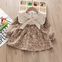 Children's Long sleeved Dress Spring and Autumn Girl Baby Solid Color Round Neck Fragmented Flower Bow Princess Dress 2