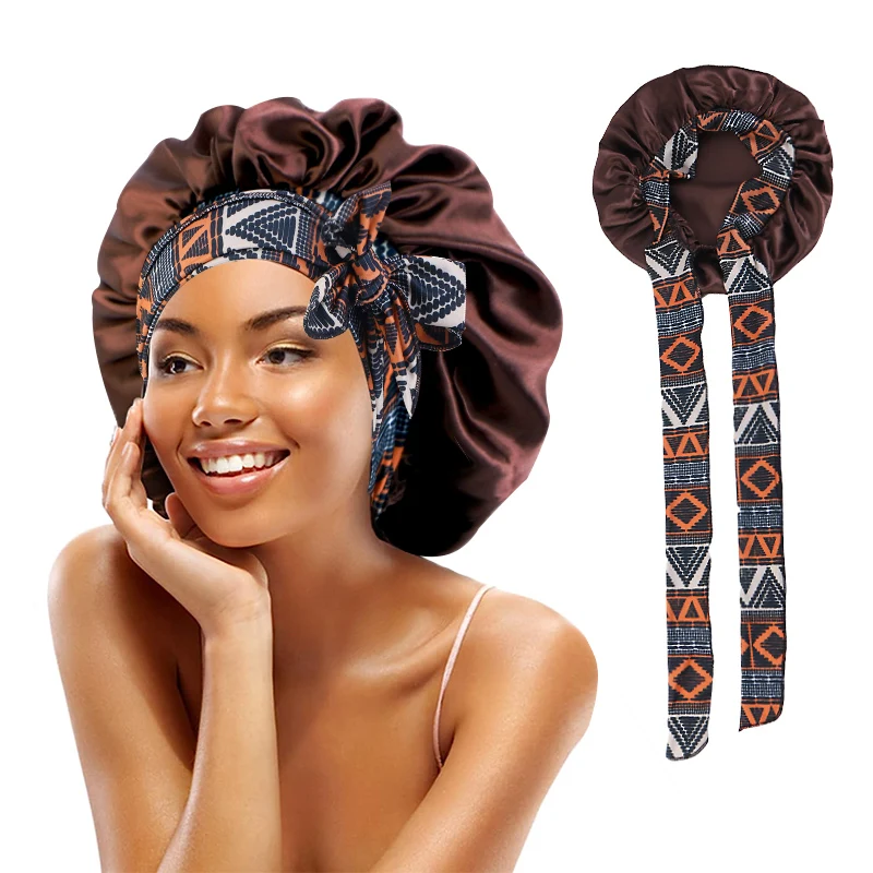 New Women Satin African Print Sleeping Hat Night Sleep Cap for Women Shower Caps Sleeping Hair Bonnets Adjustable Cap Head Cover