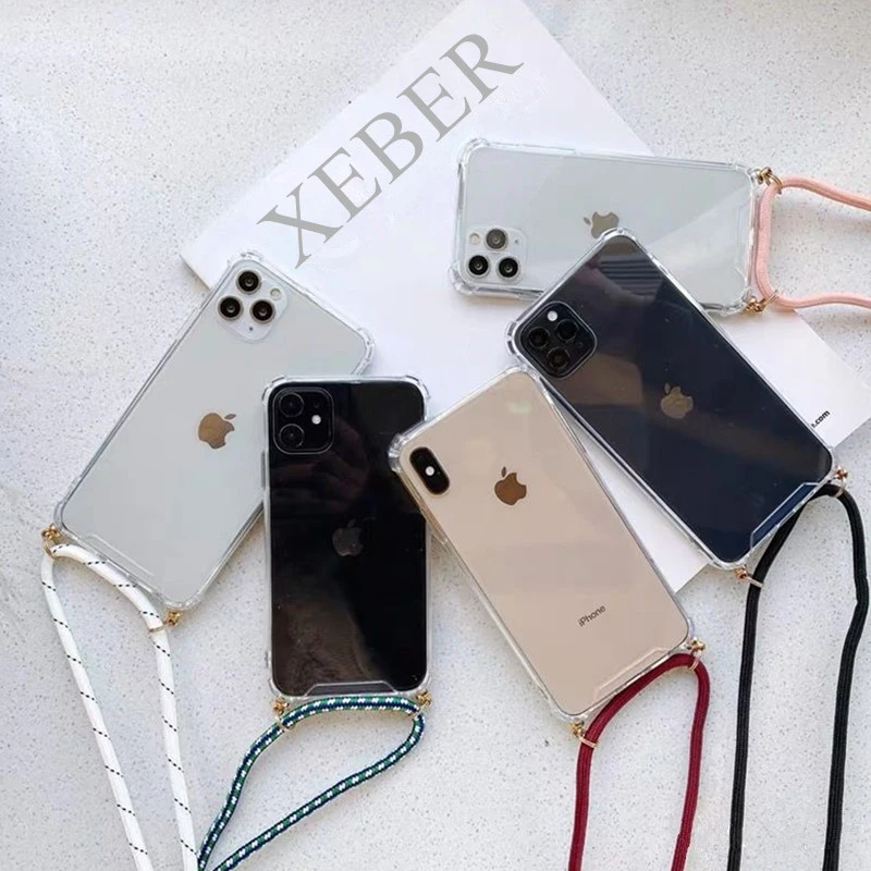 크로스 바디 목걸이 코드 매는 밧줄 iPhone 15 12 14 7 8 Plus X XR XS 11 Pro Max 13 MiNi 13 Pro SE 3 용 투명 소프트 폰 케이스