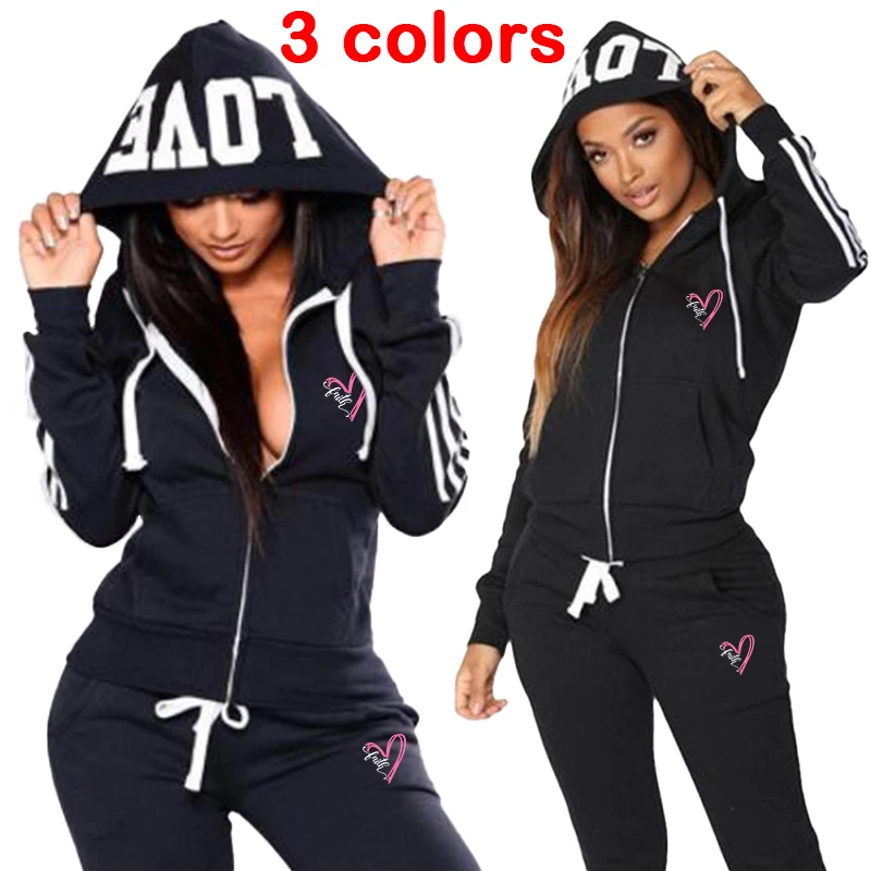 New women's printed sportswear slim fit hoodie set with striped full zipper hoodie and pants casual sportswear jogging suit