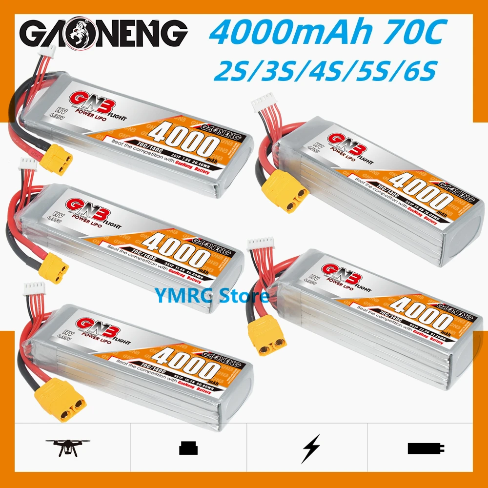 

GAONENG GNB 4000mAh 2S/3S/4S/5S/6S 7.6V/11.4V/15.2V/19.0V/22.8V 70C HV LiPo Battery with XT60/XT90/T Plug for RC Cars Boat Drone