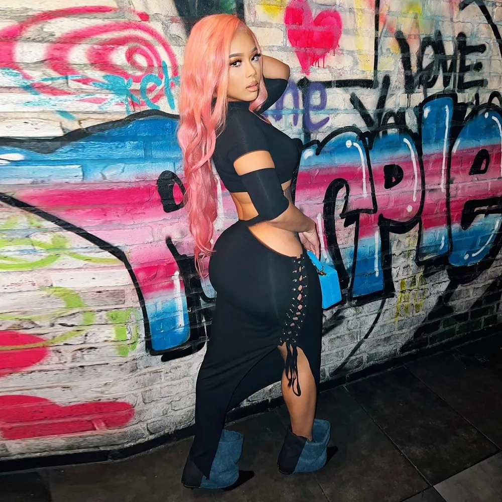 

Sexy Club Wear Hollow Out Maxi Dress Suit Two Piece Sets Women Fashion Summer 2023 Crop Tops Stretchy Casual Dress Outfit Sets