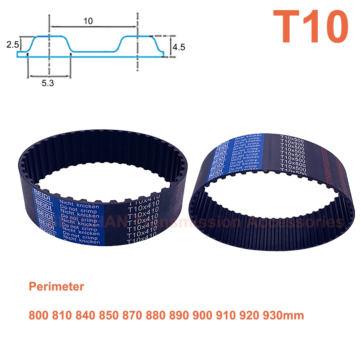 

Trapezoid T10 Synchronous Belt Perimeter 800mm - 930mm Rubber with Fiberglass Core Width 15/20/25/30/40/50mm Timing Belt