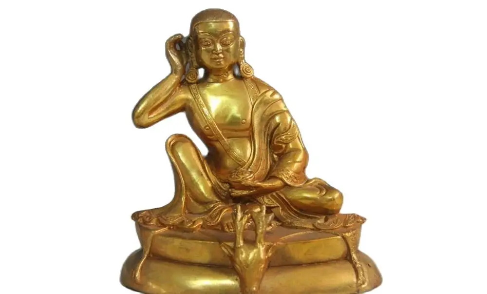 

15CM 6" Tibetan Temple Bronze copper Gild Milarepa Lama Buddha Seat Deer Head Statue