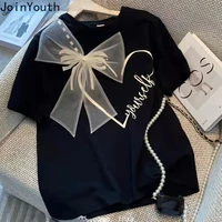 White Tshirts for Women Summer Camisetas Short Sleeve O-neck Sweet Bow Tees Y2k Tops Fashion Casual T Shirts 2025 Ropa Mujer