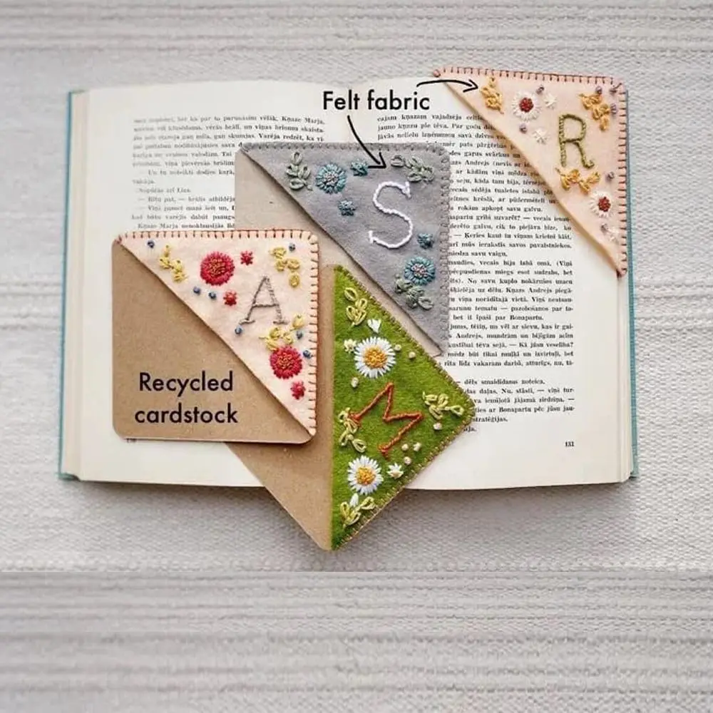 New Design Hand Embroidered Corner Bookmark Cute Flower Letter Embroidery Bookmarks Stitched Felt Corner Bookmark Book Clip