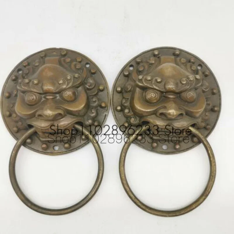 

A Pair Ancient Chinese Lion Head Door Pulls Knocker Rings Brass Asian Decor
