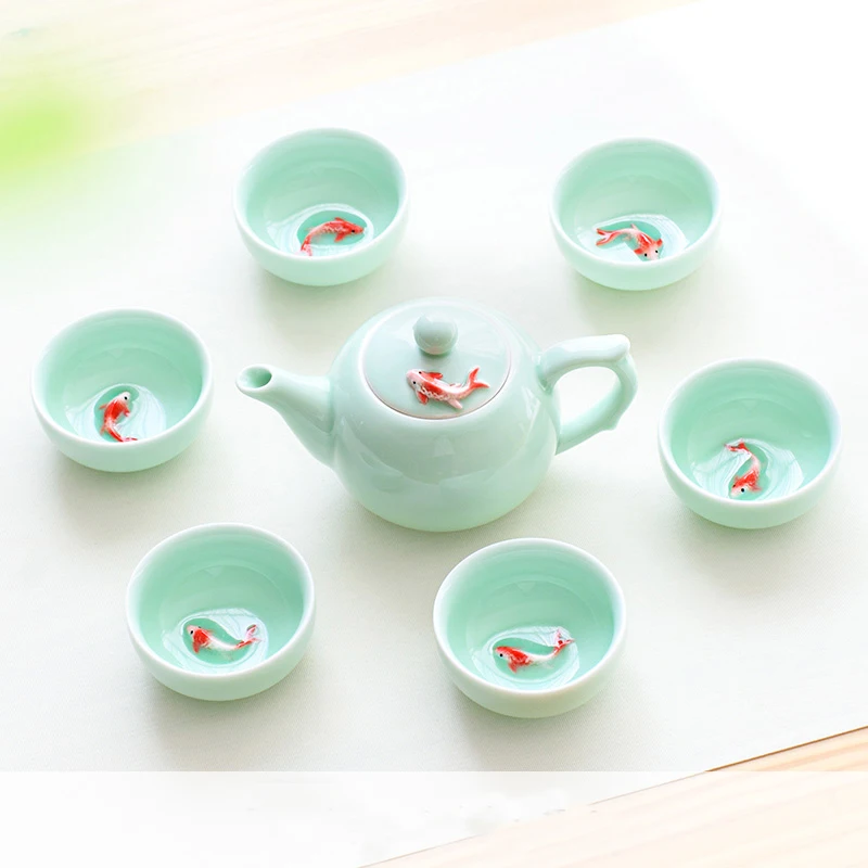 

6pcs Kung Fu Tea Cup Set Celadon 3D Golden Fish China tea cups, Crane Glaze Travel Tea Bowl Chinese Porcelain Teacup Set