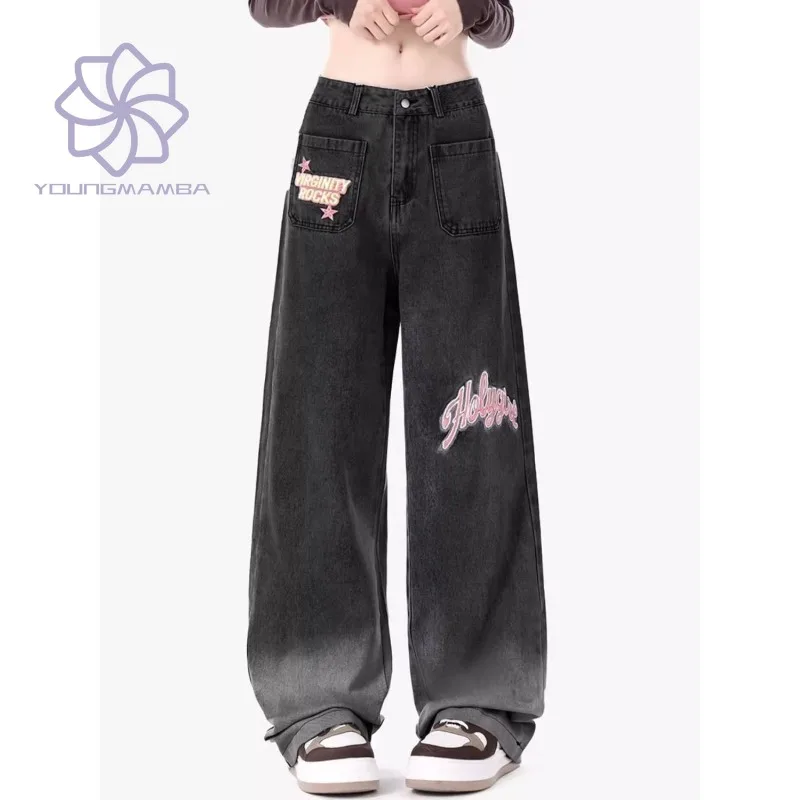 

Black Jeans Women's Autumn American Vintage Gradient Contrast Embroidery Loose Straight Leg Casual Wide Leg Denim Pants