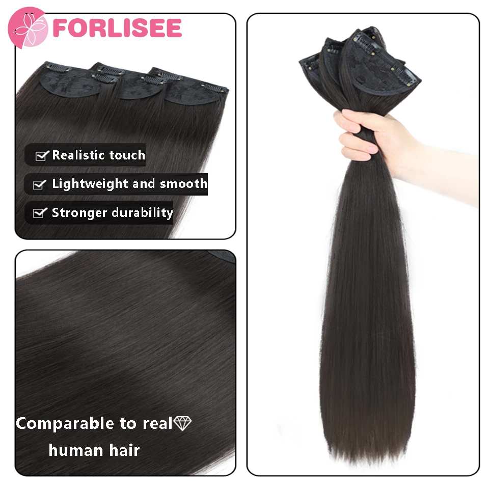 Perruque Synthétique Longue et Lisse de 23 Pouces, Postiche Moelleux, avec Cheveux Longs Invisibles, Extension de Cheveux Sans Balle, Trois Pièces, pour Femme