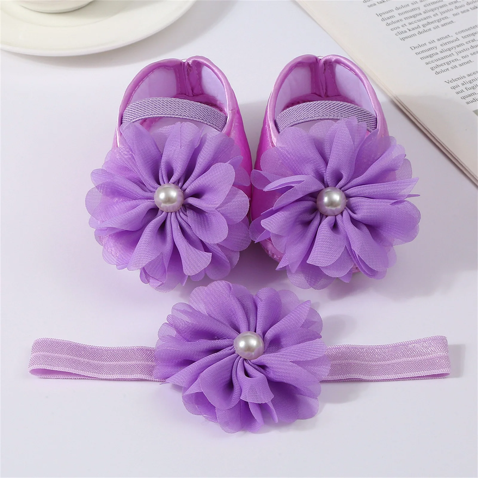 Newborn Baby Girl Princess Crib Shoes Bead Flower Decor Non-Slip First Walking Shoes with Flower Headband for Spring Fall