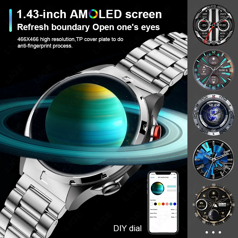 LIGE 2024 NFC 466*466 HD Screen Smart Watch Waterproof Sports GPS Tracker Men Smartwatch Local Music Player SOS Help Watches New