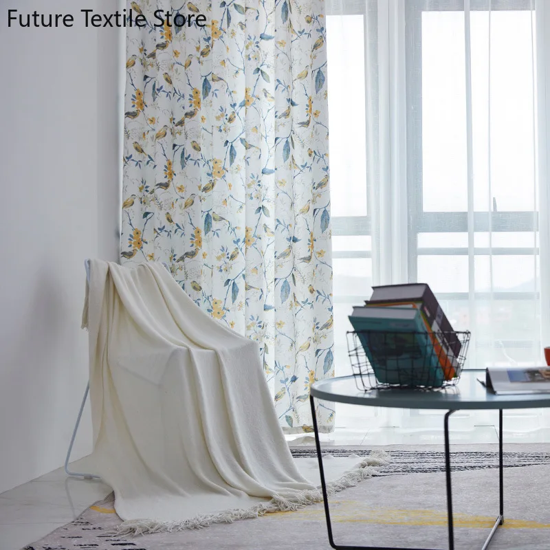 

American Rural Style Floral Thickening Fine Line Printing Curtains For Living Dining Room Bedroom Modern And Simple