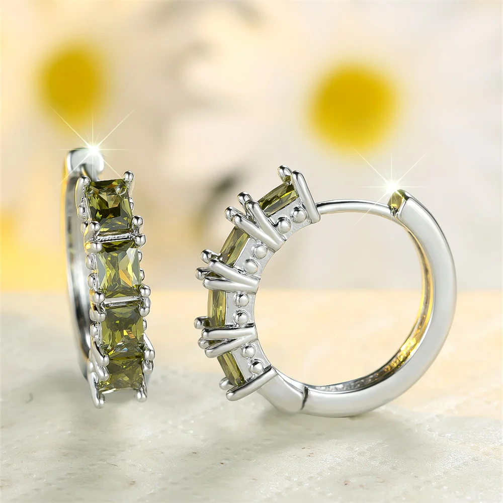 Olive Green Crystal Zircon Square Stone Hoop Earrings For Women Vintage Silver Color Birthstone Ear Buckle Wedding Jewelry Gifts
