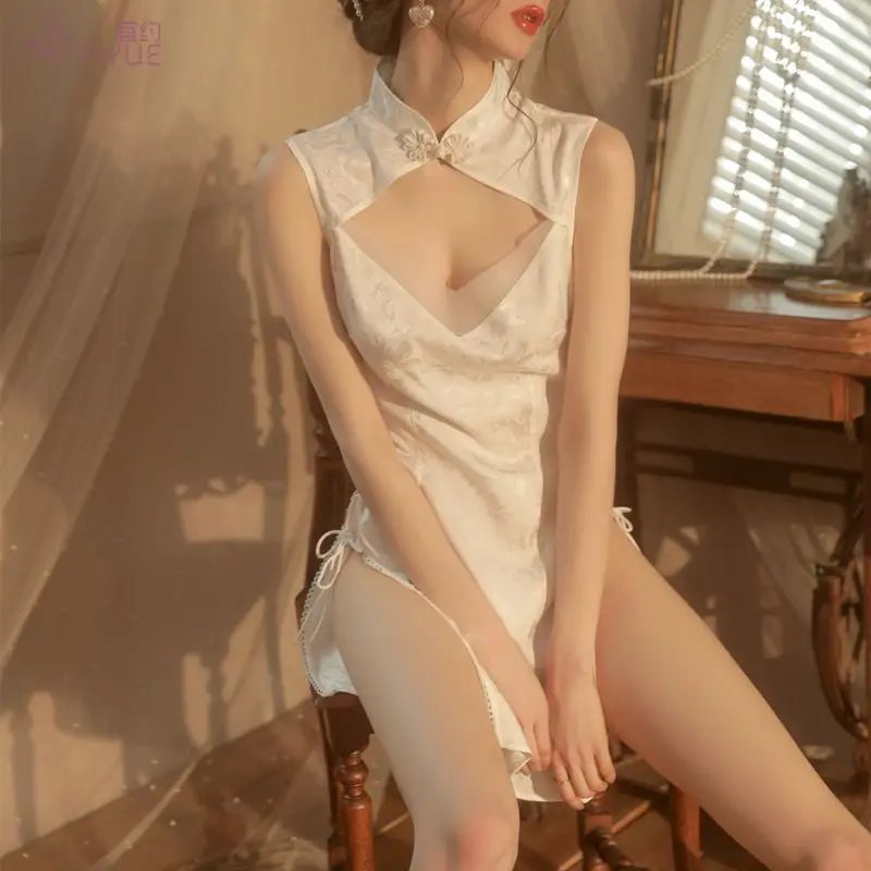 

Sexy Deep V Underwear Nightdress Gauze See-through Hollow-out Pyjamas Slit Lace-up Cheongsam Uniform Solid Color Tulle Nightgown