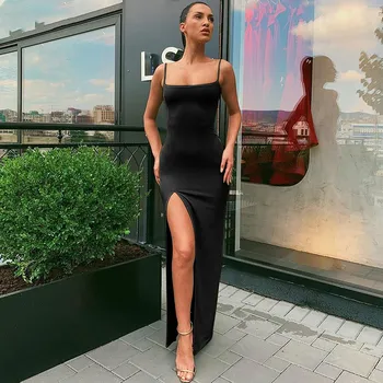 2023 Summer Women Elegant Sexy Spaghetti Strap Skims Long Dress Y2k Sleeveless Solid Skinny Slit Dress Bodycon Evening Dresses 1