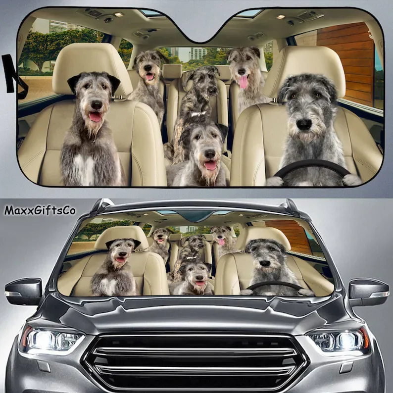

irish wolfhound car sun shade, irish wolfhound windshield, family dogs auto sunshade, dogs car accessories, irish wolfhound love