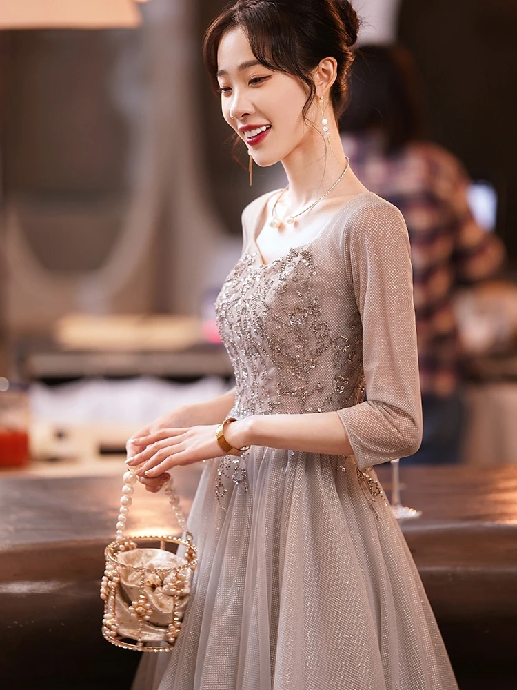 Gray Wedding Guest Dresses With 3/4 Sleeves Elegant Square Neck