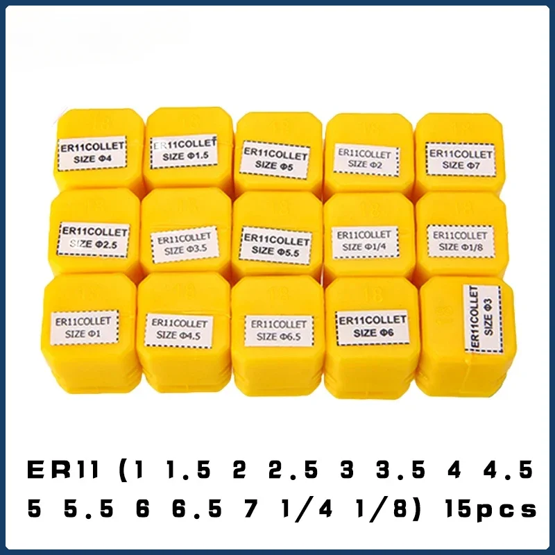 15pcs Set ER11 1-7MM 1/4 1/8 Inch (3.175mm) Spring Collet High Precision Collet Set For CNC Engraving Machine Lathe Mill Tool