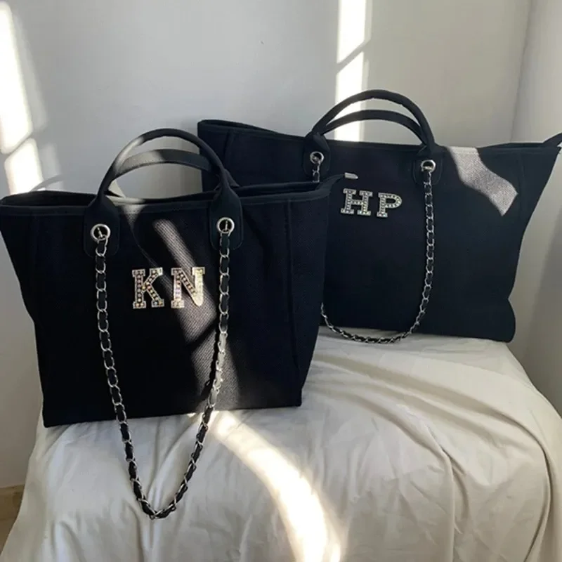 

Customized Black Monogram Tote Bag, Luxury Handbag, Canvas Shopping, Cream Beads, Crystal Detail, Personalized Weekend Handbag