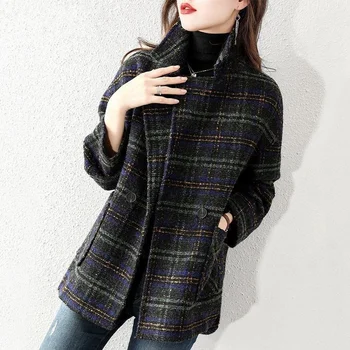 Women Plus Size Plaid Woolen Suit Jacket Loose Midi Length Single Button Pocket Coat Autumn Winter New Arrival Fashion Outerwear