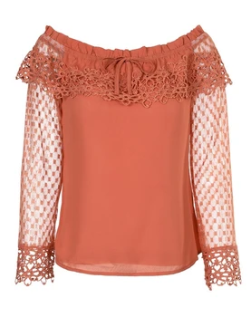 Women's Blouse Daily Casual Fashion Solid Off Shoulder Guipure Lace Frill Hem Drawstring Mesh Long Sleeve Straight Top 2