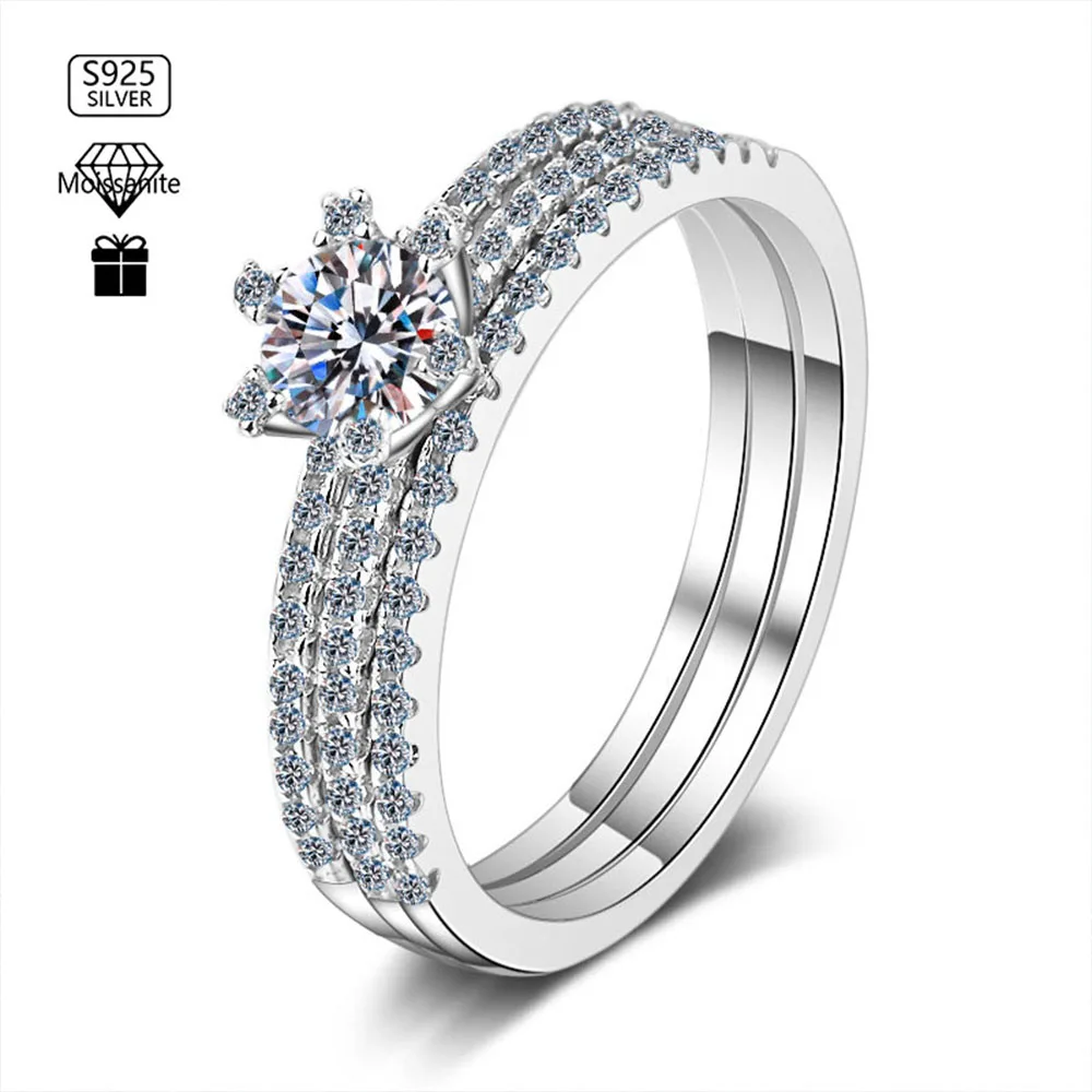 

S925 2-in-1 Moissanite Rings Set For Women Six claw Flower Shape Sterling Silver 925 Ring with Moselle Diamond Ring For Women