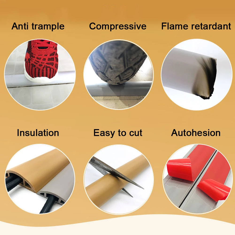 2m Floor Cable Cover Flexible PVC Home Office Self Adhesive Indoor Outdoor Wire Hider Workshop Practical Cuttable Protector tv cord cover