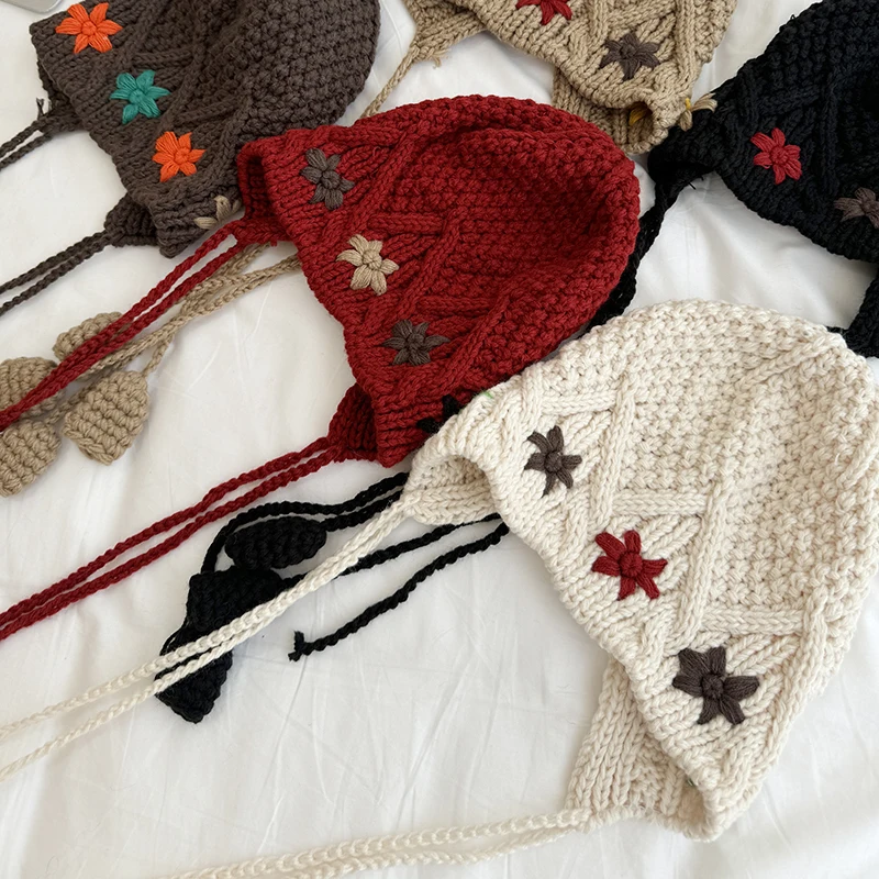 Hand Woven Tassel Wool hat For Women In Autumn And Winter Fried Dough Twists Tassel Red Baotou Hat For Winter Ear Protection Hat