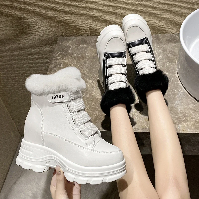 Women's Fur Snow Boots Winter Thick Bottom Short Boots 7cm Heels Round Toe Warm Plush Platform Boots Fashion Causal Ankle Boots