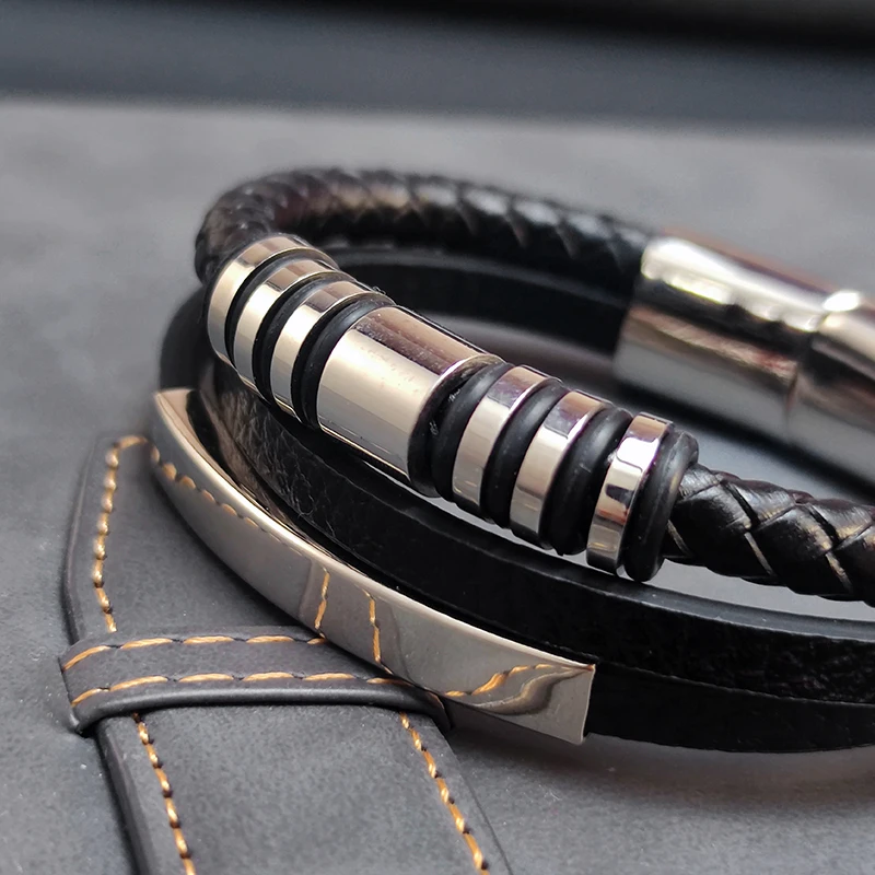 Stainless Steel & Leather Multilayer Men's Bracelet - Stylish Gift